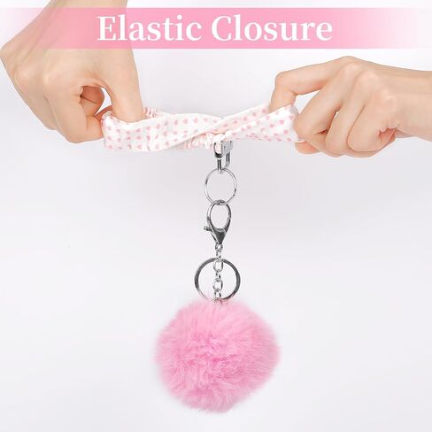elephtree Wristlet Keychain Cute Wrist Key Chain Elastic Scrunchie Bracelet with Faux Rabbit Fur Ball Pom Pom for Women in Saudi Arabia