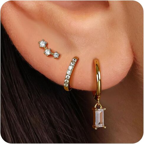 FIASASO 14K Gold Earrings Set for Multiple Piercings Hypoallergenic 925 Sterling Silver Earrings for Women Dainty Gold Earrings Cartilage Stud Small Hoop Earrings Set in Kuwait