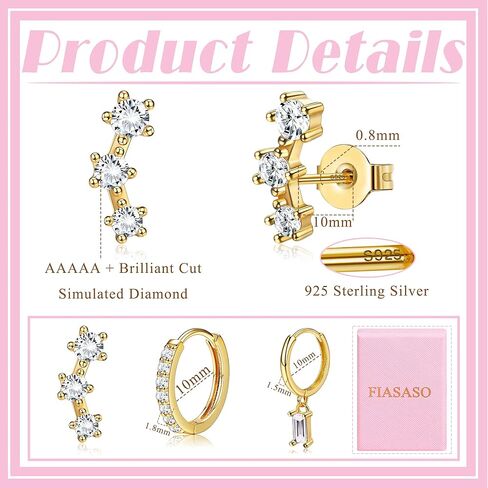 FIASASO 14K Gold Earrings Set for Multiple Piercings Hypoallergenic 925 Sterling Silver Earrings for Women Dainty Gold Earrings Cartilage Stud Small Hoop Earrings Set in Kuwait
