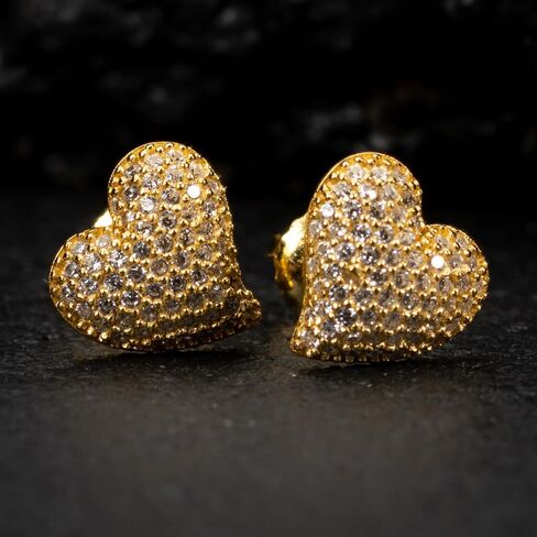 Women's 3D Honey Comb Set Cute 14K Yellow Gold Plated 925 Sterling Silver Iced Cz Screw Back Heart Stud Earrings, Medium, Sterling Silver, Cubic Zirconia in Saudi Arabia
