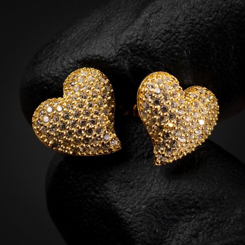 Women's 3D Honey Comb Set Cute 14K Yellow Gold Plated 925 Sterling Silver Iced Cz Screw Back Heart Stud Earrings, Medium, Sterling Silver, Cubic Zirconia in Saudi Arabia