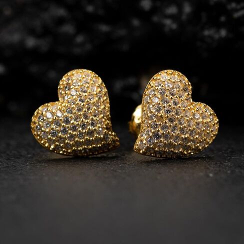 Women's 3D Honey Comb Set Cute 14K Yellow Gold Plated 925 Sterling Silver Iced Cz Screw Back Heart Stud Earrings, Medium, Sterling Silver, Cubic Zirconia in Saudi Arabia