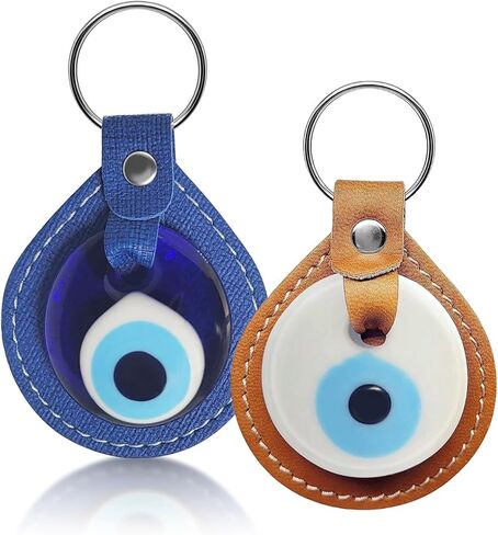 Alef Bet by Paula Evil Eye Keychain Charm Holder in Blue or White Glass Amulet in Vegan Leather in Saudi Arabia