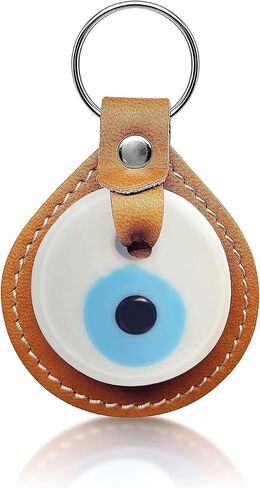 Alef Bet by Paula Evil Eye Keychain Charm Holder in Blue or White Glass Amulet in Vegan Leather in Saudi Arabia