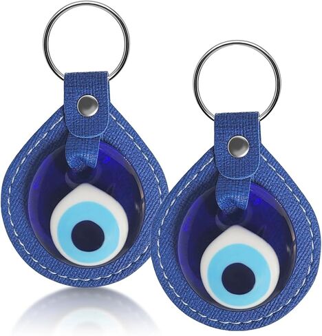 Alef Bet by Paula Evil Eye Keychain Charm Holder in Blue or White Glass Amulet in Vegan Leather in Saudi Arabia