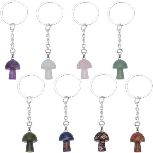 8pcs Mushroom Gemstone Keychain Pendants, Natural Stone Keychains Crystal Gemstone Keyrings Tumbled Stone Keyrings for Women Men Gifts Car Key Backpacks Earphone Party Favors in Saudi Arabia