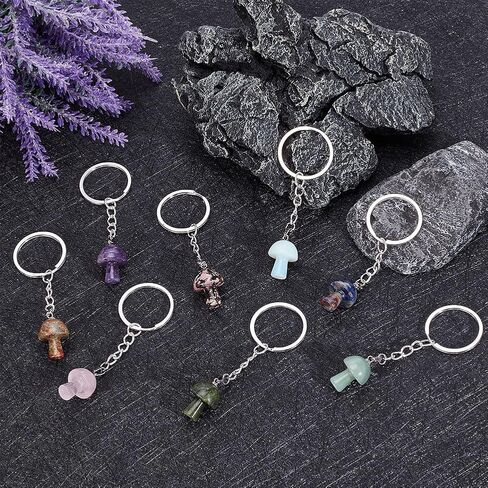 8pcs Mushroom Gemstone Keychain Pendants, Natural Stone Keychains Crystal Gemstone Keyrings Tumbled Stone Keyrings for Women Men Gifts Car Key Backpacks Earphone Party Favors in Saudi Arabia