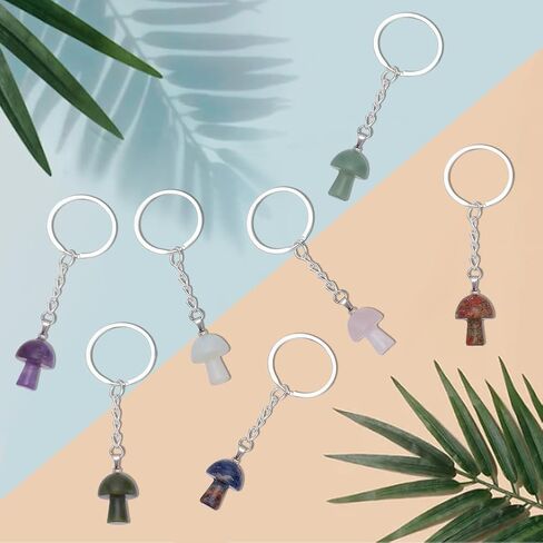 8pcs Mushroom Gemstone Keychain Pendants, Natural Stone Keychains Crystal Gemstone Keyrings Tumbled Stone Keyrings for Women Men Gifts Car Key Backpacks Earphone Party Favors in Saudi Arabia