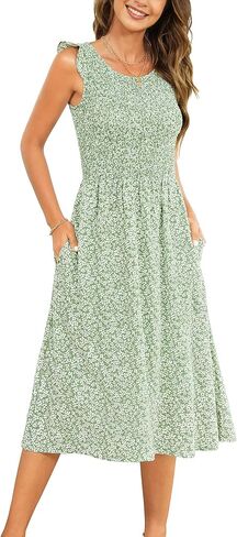 فستان Kranda النسائي بجيب 2023 فستان صيفي برقبة دائرية وأكمام قصيرة فستان على شكل حرف A وأكمام مكشكشة فستان ميدي مزين بالزهور in Kuwait