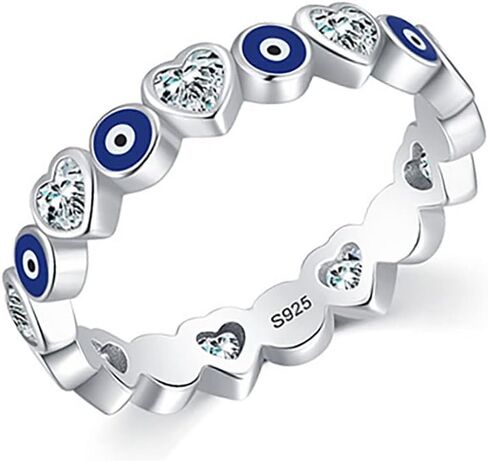 KIFUTENG Evil Eye Ring, 925 Sterling Silver Zirconia Heart Blue Evil Eye Ring Band for Women Girls Lucky Statement Jewelry Gifts Size 5-10 in Saudi Arabia