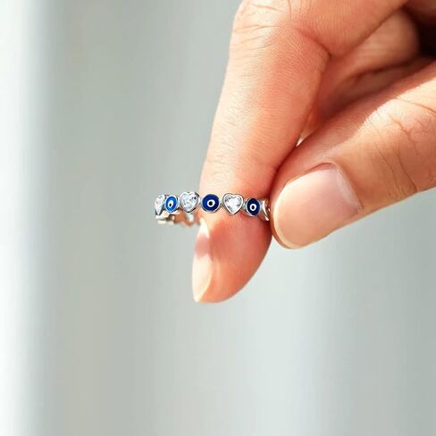 KIFUTENG Evil Eye Ring, 925 Sterling Silver Zirconia Heart Blue Evil Eye Ring Band for Women Girls Lucky Statement Jewelry Gifts Size 5-10 in Saudi Arabia