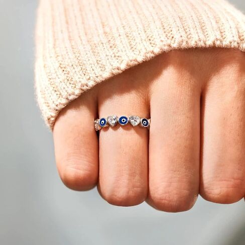 KIFUTENG Evil Eye Ring, 925 Sterling Silver Zirconia Heart Blue Evil Eye Ring Band for Women Girls Lucky Statement Jewelry Gifts Size 5-10 in Saudi Arabia