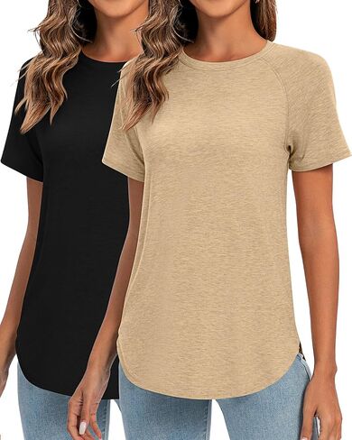 Huukeay 2 Pcs Women's Casual Short Sleeve T Shirt Round Neck Tunics Tops Curved Hem Shirts Side Split Summer Blouse for Women in Saudi Arabia