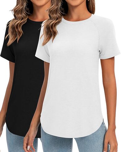 Huukeay 2 Pcs Women's Casual Short Sleeve T Shirt Round Neck Tunics Tops Curved Hem Shirts Side Split Summer Blouse for Women in Saudi Arabia