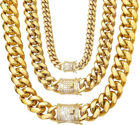 WinTrend الكوبية ربط سلسلة قلادة أو سوار مع بلينغ بلينغ مكعب زركونيا مثلج خارج المشبك للرجال الأولاد 8mm / 10mm / 12mm / 14mm / 18mm 18K الذهب الفولاذ المقاوم للصدأ الهيب هوب ميامي سلاسل كبح 8-30 بوصة in Kuwait