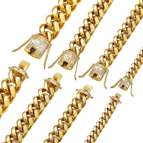 WinTrend الكوبية ربط سلسلة قلادة أو سوار مع بلينغ بلينغ مكعب زركونيا مثلج خارج المشبك للرجال الأولاد 8mm / 10mm / 12mm / 14mm / 18mm 18K الذهب الفولاذ المقاوم للصدأ الهيب هوب ميامي سلاسل كبح 8-30 بوصة in Kuwait