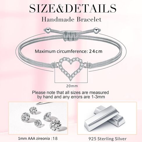سوار J.Endéar على شكل قلب للفتيات، سوار من الفضة الإسترلينية 925 مع زركونيا رائعة، سوار مصنوع يدويًا من حبل تخريمي، هدية مجوهرات للبنات وحفيدة الأخت in Kuwait