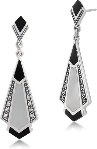 Gemondo USA 925 Sterling Silver Art Deco Black Onyx , Mother of Pearl & Marcasite Chandelier Drop Earrings, Metal Gemstone, Marcasite in Kuwait