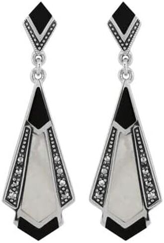 Gemondo USA 925 Sterling Silver Art Deco Black Onyx , Mother of Pearl & Marcasite Chandelier Drop Earrings, Metal Gemstone, Marcasite in Kuwait