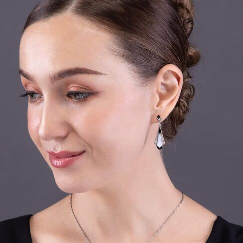 Gemondo USA 925 Sterling Silver Art Deco Black Onyx , Mother of Pearl & Marcasite Chandelier Drop Earrings, Metal Gemstone, Marcasite in Kuwait