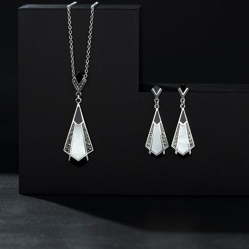 Gemondo USA 925 Sterling Silver Art Deco Black Onyx , Mother of Pearl & Marcasite Chandelier Drop Earrings, Metal Gemstone, Marcasite in Kuwait