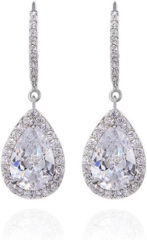 CZ Teardrop Earrings for Wedding - Sterling Silver Cubic Zirconia Crystal Rhinestone Drop Earrings Womens Bridal Jewelry for Bride Bridesmaids Mother of Bride Gift Party Prom Pageant Earring for Girls in Saudi Arabia