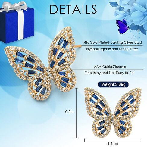 Rhinestone Butterfly Earrings for Women Bow Earrings Gold Crystal CZ Earrings Cubic Zirconia Sterling Silver Stud Earrings Hypoallergenic Drop Dangle Cute Earring for Girls Christmas Mother Valentine's Day Jewelry Gift Prom Wedding Brides in Saudi Arabia