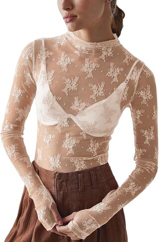 تي شيرت نسائي شبكي مطرز بالدانتيل شفاف من خلاله، بلوزة بأكمام طويلة ورقبة وهمية، قميص واقي من الشمس مثير بالزهور in Kuwait