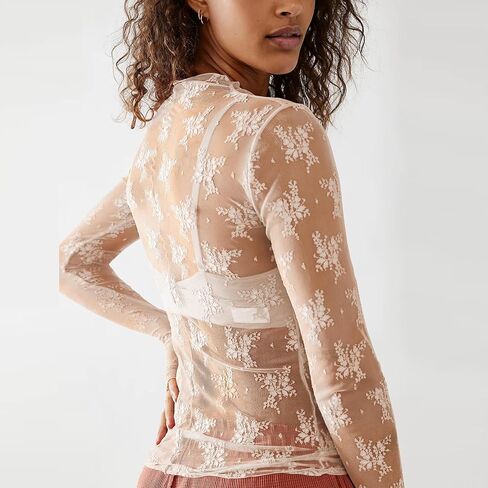 تي شيرت نسائي شبكي مطرز بالدانتيل شفاف من خلاله، بلوزة بأكمام طويلة ورقبة وهمية، قميص واقي من الشمس مثير بالزهور in Kuwait