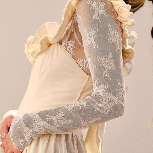 تي شيرت نسائي شبكي مطرز بالدانتيل شفاف من خلاله، بلوزة بأكمام طويلة ورقبة وهمية، قميص واقي من الشمس مثير بالزهور in Kuwait