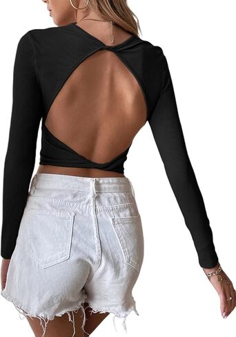 Sexy Backless Long Sleeve Crop Tops for Women Knit Ribbed Slim Fitted Shirts Round Neck Basic Tee Tops in Saudi Arabia