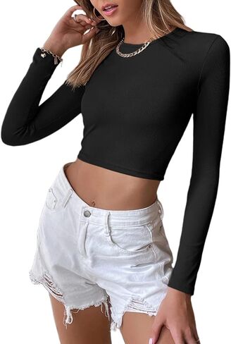 Sexy Backless Long Sleeve Crop Tops for Women Knit Ribbed Slim Fitted Shirts Round Neck Basic Tee Tops in Saudi Arabia