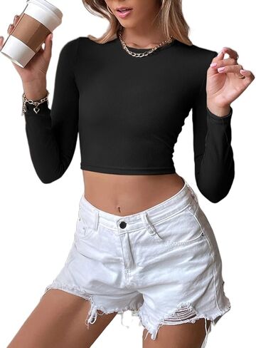 Sexy Backless Long Sleeve Crop Tops for Women Knit Ribbed Slim Fitted Shirts Round Neck Basic Tee Tops in Saudi Arabia