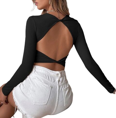 Sexy Backless Long Sleeve Crop Tops for Women Knit Ribbed Slim Fitted Shirts Round Neck Basic Tee Tops in Saudi Arabia