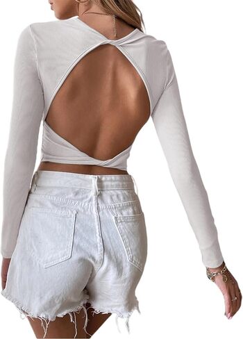 Sexy Backless Long Sleeve Crop Tops for Women Knit Ribbed Slim Fitted Shirts Round Neck Basic Tee Tops in Saudi Arabia