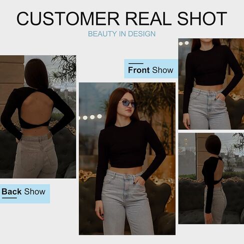 Sexy Backless Long Sleeve Crop Tops for Women Knit Ribbed Slim Fitted Shirts Round Neck Basic Tee Tops in Saudi Arabia