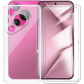 2 Pack Tempered Glass Film + Cover for Huawei Pura 70 ADY-AL00 (6.6"), 9H Hardness Screen Protector and Soft Silicone Case Bumper Transparent Protective TPU Cases - Clear