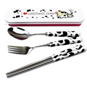 OLizee® Cute Creative Cow Pattern Design Flatware Set of 3 Ceramics Handle Stainless Steel Spoon Fork Chopsticks for Traveling Portable Lovely Animals Korean Tableware Set (Pink)
