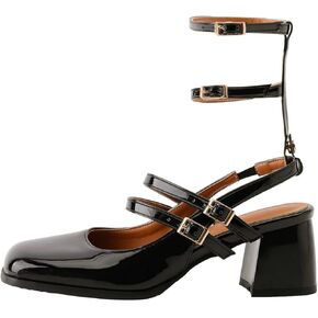 KISSASA Punk Goth Chunky Mary Janes Patent Leather Slingback Square Toe Pumps Metallic Heels