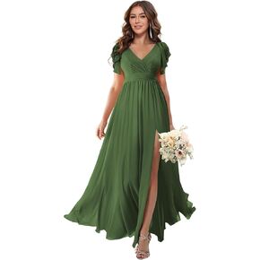 Loyeloy V Neck Flutter Sleeves Bridesmaid Dresses for Women 2023 High Slit Pleats Formal Evening Gowns YJ071