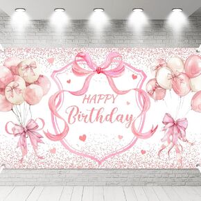 6 x 3.6 Ft Coquette Happy Birthday Banner Pink Bow Birthday Decorations Birthday Party Photography Backgrounds Pink Bachelorette Decor Glitter Balloon Sign for Girls Cute Coquette Supplies