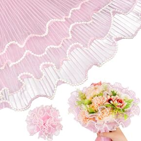 3 Pack Pearl Edge Bouquet Packaging Paper, Korean Flower Wrapping Mesh Paper Floral Net Yarn Wrinkle Waves Paper for Mother's Day Wedding Anniversary Birthday Florist Supplies 4.37 Yards (Pink)