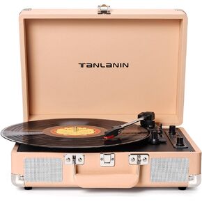 Vinyl Record Player Bluetooth Vintage Portable Suitcase Turntables with Speaker & USB Out Recording, 33-1/3 45 78 RPM Retro LP Player Support AUX/RCA/Headphone Jack, Peach Leather
