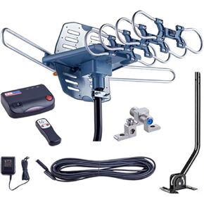 Digital Amplified Outdoor TV Antenna - Long Range, 360° Rotation, Supports 2 TVs - 4K 1080P VHF UHF - Wireless Remote, Mounting Pole, 40ft RG6 Coax Cable - Perfect for Roof and Outdoor Use