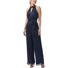 Adrianna Papell Crinkle Metallic Halter Neck Blouson Jumpsuit Taupe/Pink 6