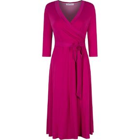 Women's #MadeInUSA Wedding Baby Bridal Shower 3/4 Sleeve V-Neck Printed Knee Length Midi Faux Wrap Floral Dress Casual Party Resort Summer Spring Nursing 3zSiQN Church Hot Pink M