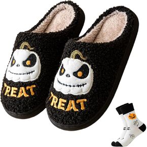 Halloween Slippers for Women, Pumpkin Slippers, Fall and Winter Slippers with Bats, Ghost Face, Black Spooky House Slippers for Men Indoor Outdoor, Cozy