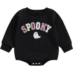 Baby Boy Girl Halloween Outfit Ghost Embroidery Oversized Sweatshirt Romper Crewneck Pullover Bodysuit Clothes