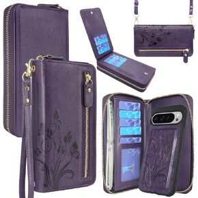 Lacass for Google Pixel 9 Pro XL 6.8 inch 2024 Wallet Case, Crossbody Dual Zipper Detachable Magnetic Leather Wallet Case Cover Wristlets Wrist Strap 13 Card Slots Money Pocket(Floral Cyan Green)