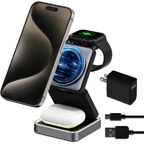 Portable Foldable 3-in-1 Magnetic Wireless Charging Station,Charging Stand,Compact 3 in 1 Charger for Travel,15W for iPhone 12-15 Series, 5W for Apple Watches,AirPods(Adapter Included)(Black)